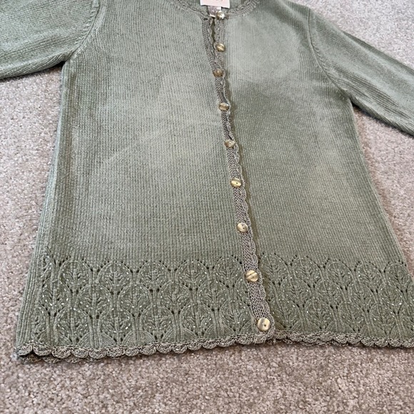 Jenny Vintage Sage Green Beaded Pointelle Cardigan Sweater Scalloped Trim Small - Picture 4 of 10